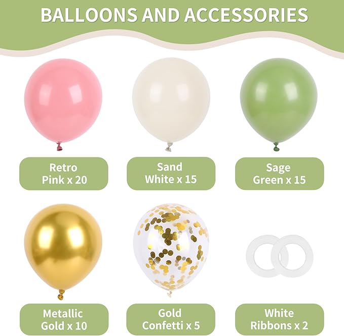 RUBFAC Pink and Sage Green Balloons, Party Easter Balloons Metallic Gold Confetti Balloon for Fairy First Birthday Tea Party Decorations