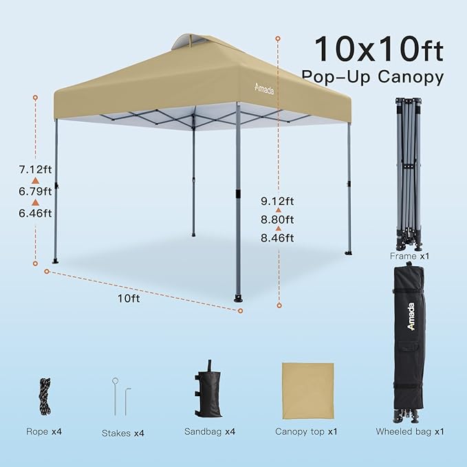 Amada 10x10 Pop Up Canopy - Center Lock One Push Instant Setup Wheeled Gazebo Outdoor Canopy Beach Tent with STO-N-Go Bag 8 Stakes & 4 Sand Bags, 3-Height Adjustable Shade Shelter (10x10ft, Khaki)