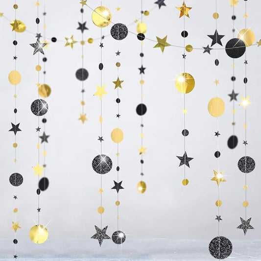 Cheerland Black and Gold Party Decorations Star Garlands Gold Black Birthday Decorations Hanging Star Streamers Graduation Decor NYE New Year Eid Ramadan Galaxy Starry Night Party Supplies