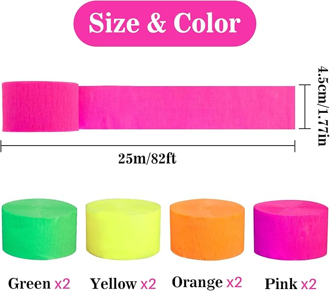 MAQIHAN 656feet Neon Streamers - 8 Rolls Black Light Reactive Fluorescent Crepe Paper Streamers, Neon Party Decorations Glow in The Dark Party Supplies for 80 90s Glow Parties Birthday Helloween Decor