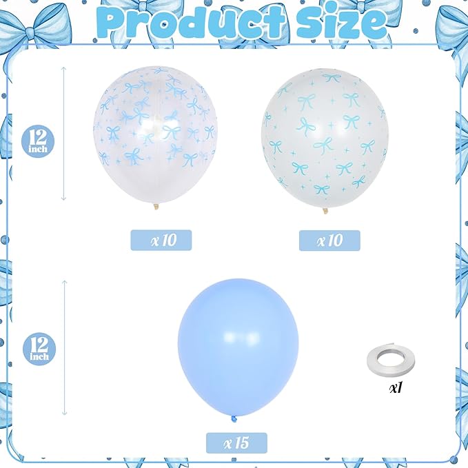 HILAVO Blue Bow Balloons, 12 Inch Pastel Light Blue Transparent White Bow Print Coquette Balloon for Girls Birthday Bachelorette Party Bridal Baby Shower Wedding Anniversary Decorations Supplies