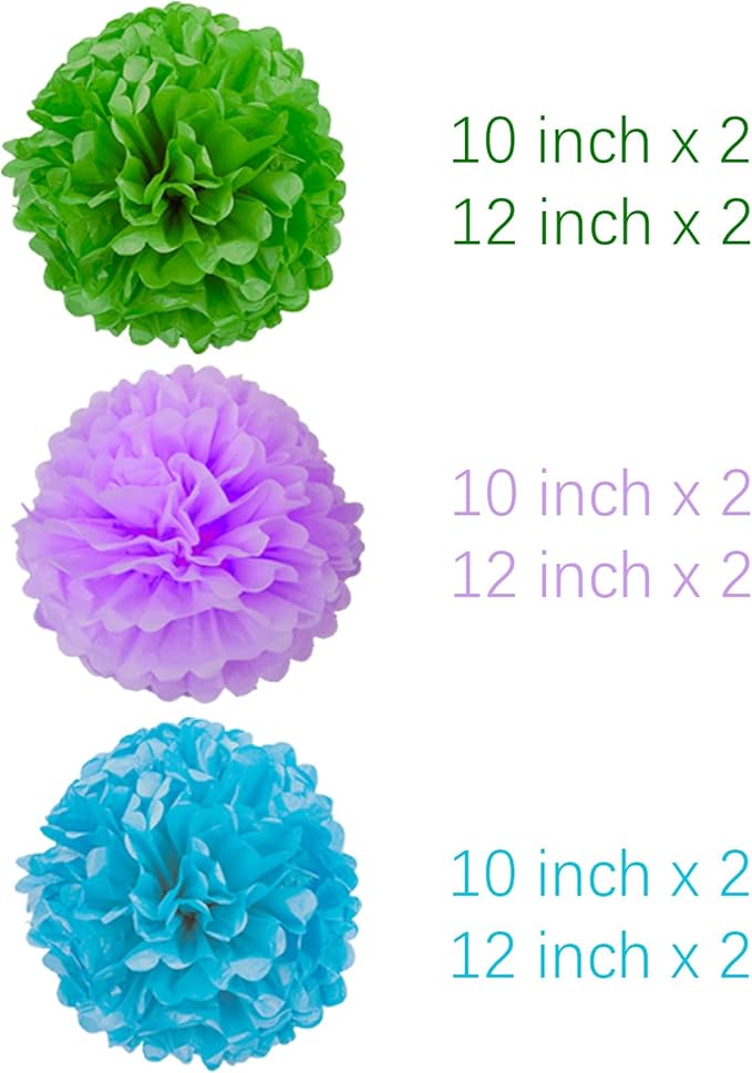 Blue Green and Purple Tissue Pom Poms Paper Kit DIY Decorative Flowers Ball for Birthday Party Wedding Hanging Decorations Pack of 12 10in12in