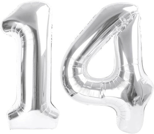 Number 14 Balloons, Large 14th Silver Birthday Decorations for 1 4 14 41, 40 Inch Foil Balloon for Wedding Engagement Photo Shoot Memorial Day's Supplies