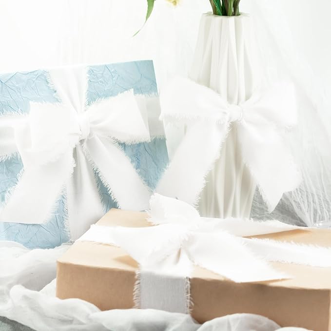 White Cotton Ribbon 1-1/2 Inch White 3 Rolls 21 Yards Frayed Edge Fabric Set for Wedding Invitations, Bridal Bouquet Wrap, Baby Shower, Christening & Gift Wrapping