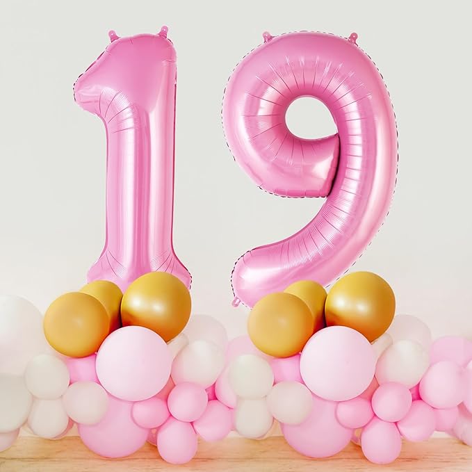 Pink Number 19 Balloon, 40 Inch Big Large Foil Helium Number Balloons, Giant Mylar Number 19 Balloons for 19 Years Old Birthday Party Decorations Supplies Anniversary