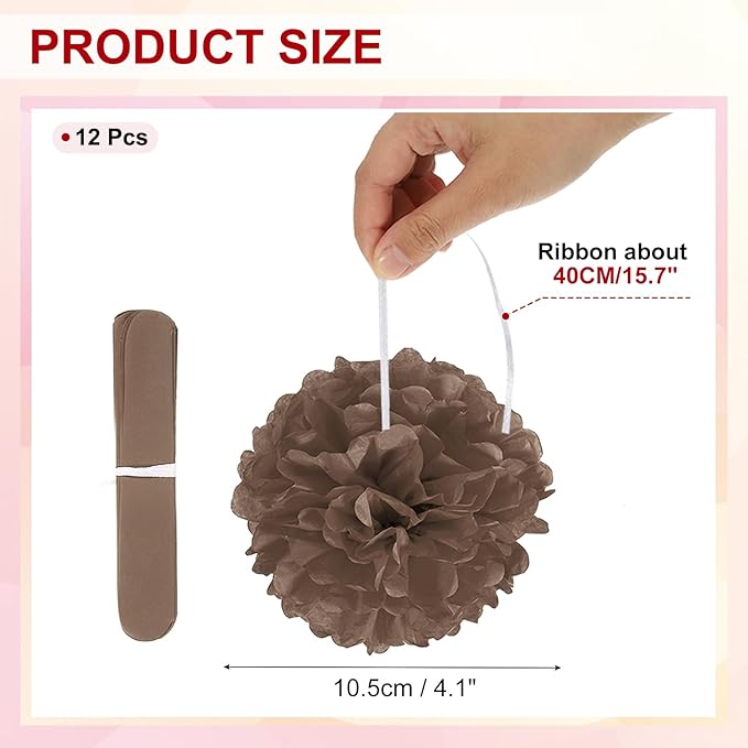 PATIKIL 4inch Tissue Paper Pom Poms, 12PCS Pom Poms Paper Flowers Ball Tissue Paper Flowers for Wedding Bridal Shower Birthday Bachelorette Party Backdrop Decoration, Brown
