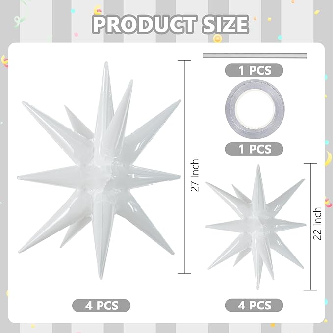 TONIFUL 8 Pcs White Star Foil Balloons - Large Star Balloons for Party Backdrop - Christmas, New Year, Birthday, Wedding, Baby Shower, Anniversary, Photo Booth Supplies