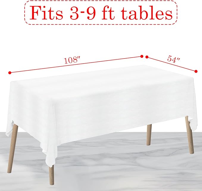 Disposable Tablecloths White Paper Table Cloth for Rectangle Tables 12 Pack,3 Ply Paper & Plastic Table Cloth for Parties,54 x 108 Inch Birthday Table Cover Outdoor Wedding Banquet Tablecover