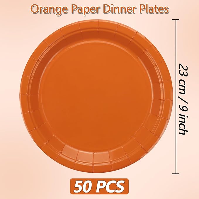 50Pcs Orange Paper Plates - 9" Round Disposable Dinner Plate for Halloween Baby Shower Orange Birthday Party Supplies