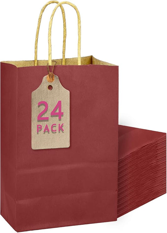 qiqee Brown Red Gift Bag with Handles Bulk 24Pcs Paper Bags -10.6"x8.3"x4.3"Party Favor Bags - Solid Color