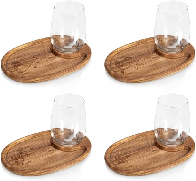 PICNIC TIME Disney Winnie the Pooh Wine Appetizer Plate Set of 4 with Glass Holder, Acacia Wood Cocktail Plates for Cheese Charcuterie and Easy Entertaining, (Acacia Wood)