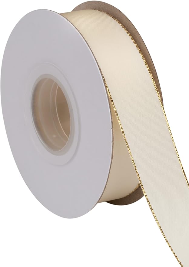 1" Double Face Satin Ribbon with Gold Edge 25 Yards (810-Ivory), Perfect for Gift Wrapping, Party Decor, Wedding and Craft