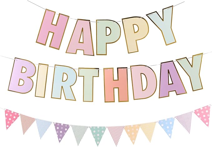 Picoway Happy Birthday Banner | Multicolour2 Macaron Birthday Signs Banners | Pastel Birthday Party Decor | Women & Girls | 8" x 6" Triangular Banner