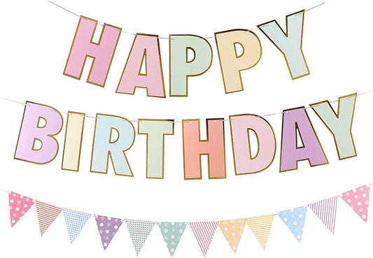 Picoway Happy Birthday Banner | Multicolour2 Macaron Birthday Signs Banners | Pastel Birthday Party Decor | Women & Girls | 8" x 6" Triangular Banner
