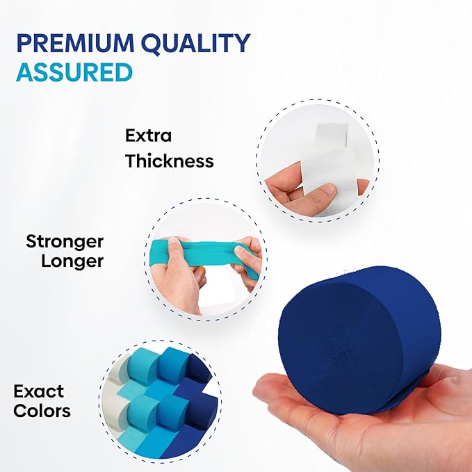 Captain Décor 8 Blue and White Streamers, 656ft Pack of Crepe Paper Rolls for Blue and White, Decorations for Party and Birthday Decor (1.8 inch x 82 ft/Roll)