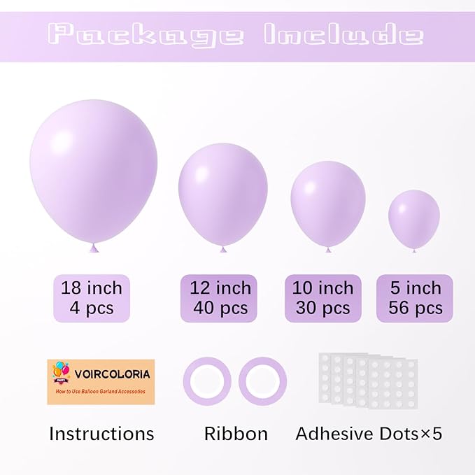 Voircoloria 130pcs Pastel Purple Balloons Different Sizes 18" 12" 10" 5" Light Purple Latex Balloon Garland Arch Kit for Birthday Baby Shower Graduation Wedding Gender Reveal Party Decorations