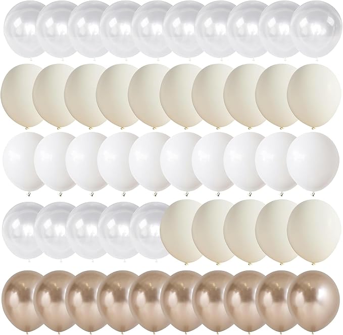 Nude White Gold Balloons, 60PCS Metallic Champagne Gold Cream White Clear Balloon White Sand Blush Beige Transparent Party Balloons for Birthday Boho Wedding Anniversary Engagement Hen Decorations