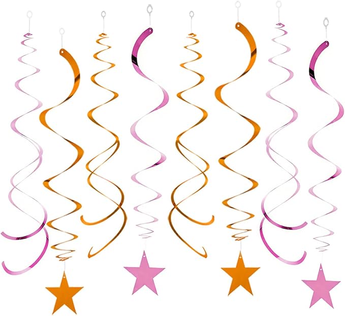 GAKA Pink and Orange Foil Hanging Ceiling Swirls Garland,Star Swirl Streamer Decorations for Birthday,Anniversary,Graduation Party Supplies(24Pcs)