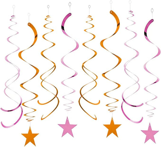 GAKA Pink and Orange Foil Hanging Ceiling Swirls Garland,Star Swirl Streamer Decorations for Birthday,Anniversary,Graduation Party Supplies(24Pcs)