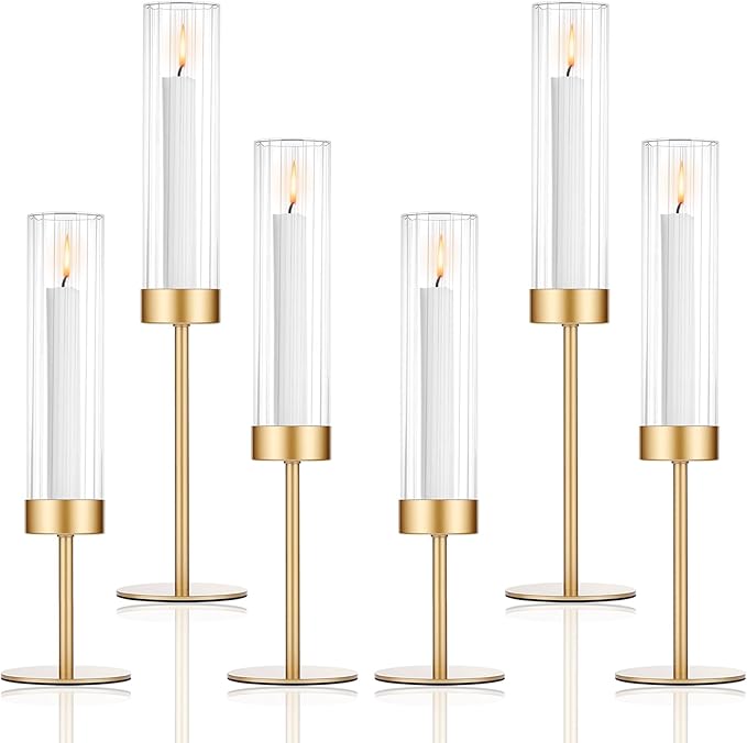 POKINE Tall Hurricane Candle Holders Set of 6, Gold Glass Taper Candlestick Holders for Wedding, Christmas, Dining Table, Party & Home Decor