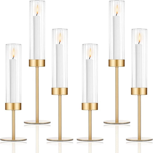 POKINE Tall Hurricane Candle Holders Set of 6, Gold Glass Taper Candlestick Holders for Wedding, Christmas, Dining Table, Party & Home Decor