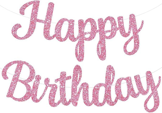 BEISHIDA Happy Birthday Banner - NO DIY,Pink 10Feet Pre-Strung-Glitter Birthday Sign Garland Backdrop Decorations for Women men Party