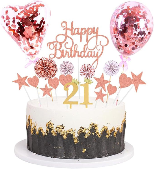 Daimay Pink Birthday Cake Topper Supplies Acrylic Glitter 21st Happy Birthday Cake Deco with Confetti Balloon Paper Fans Stars Firework Cupcake Toppers for Baby Shower Birthday Party - Rose Gold 21