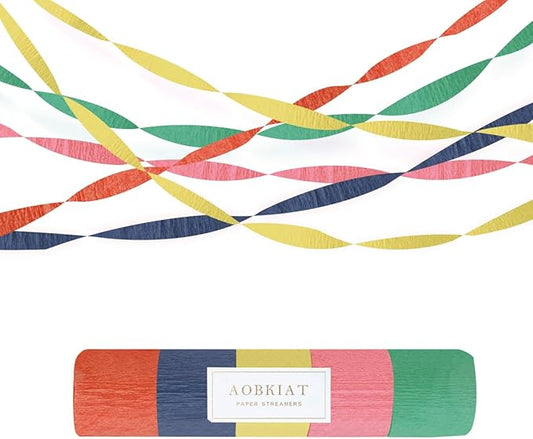 AOBKIAT Colorful Streamers Party Decorations,5 Rolls Vintage Rainbow Crepe Paper Streamers for Birthday,Candyland Theme Baby Shower,Fiesta,Wedding,Christmas,DIY Craft Crepe Paper,1.8 Inch x 82 Ft/Roll