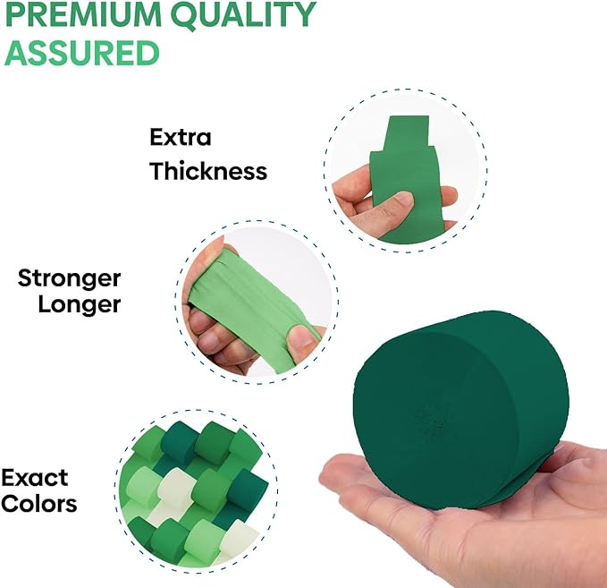 Captain Décor 12 Crepe Paper Streamers Rolls, 984ft Pack of12 Green & White Streamers for Party Decorations, Birthday Streamers, Party Streamers for Wedding Decoration (1.8 inch x 82 ft/Roll)…