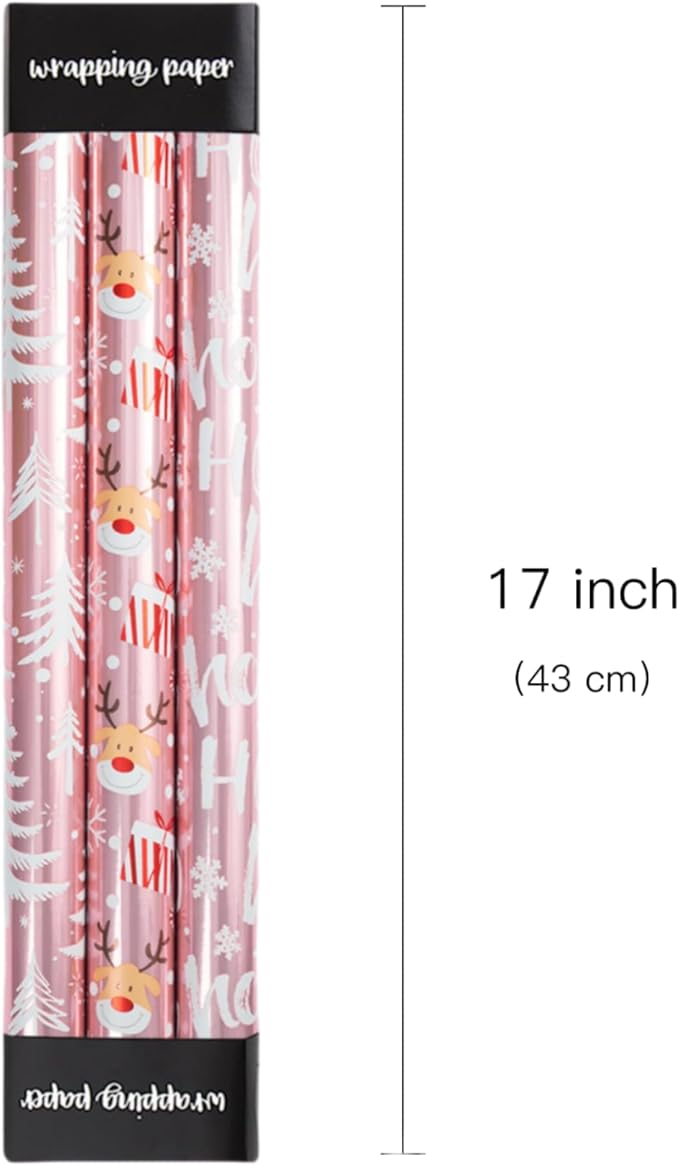 Burymento Christmas Wrapping Paper, Reversible Pink Christmas Tree, HO Santa Laughter, Snowflake, Reindeer, Design Gift Wrapping Paper Suitable for Holiday, Mini Roll (17 Inch X 120 Inch)