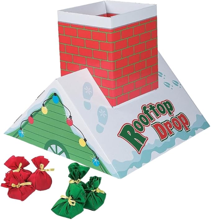Fun Express Christmas Bean Bag Toss Game for Kids - Holiday Rooftop Chimney Drop Party Game Set with 6 Present Bags | Fun Activities for Family Games, Parties & Winter Entertainment
