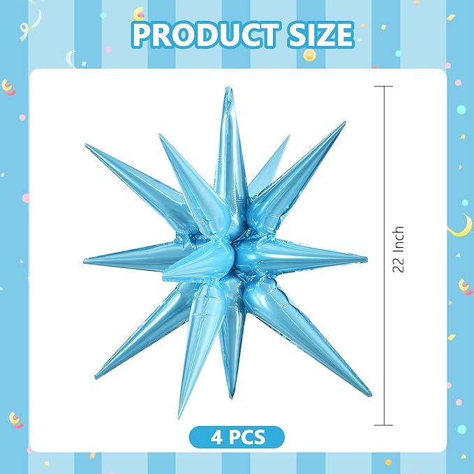 TONIFUL 4 Pcs 22inch 4D Light Blue Explosion Star Mylar Balloons 14Point Star Balloons for Party Backdrop Christmas,New Year Birthday, Wedding Baby Shower Anniversary Photo Booth Supplies