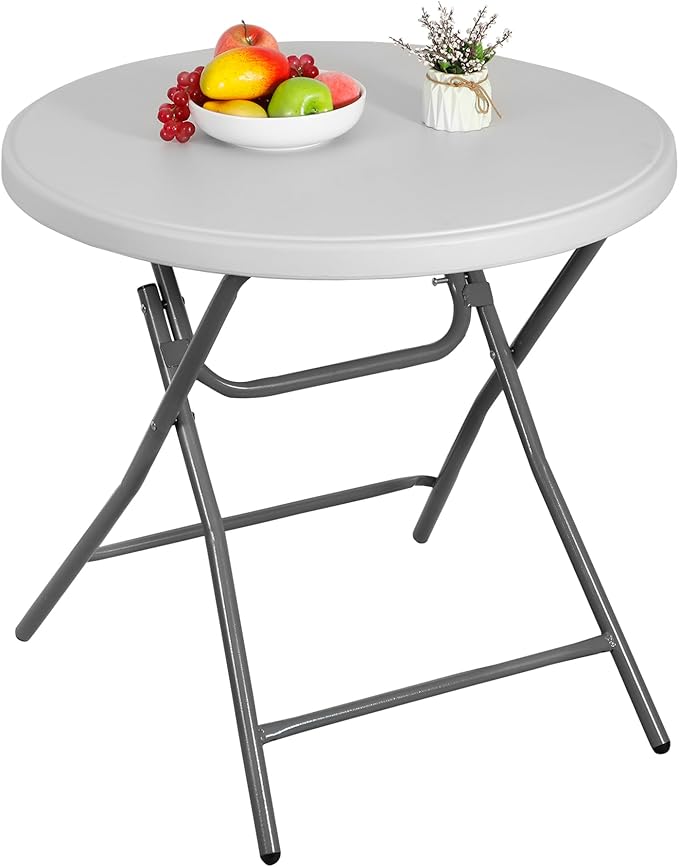 32" Round Folding Table Plastic Card Table Circle Dining Table Heavy Duty Portable w/Handle for Picnic Party Camping Dining Wedding Event Indoor Outdoor Lightweight White