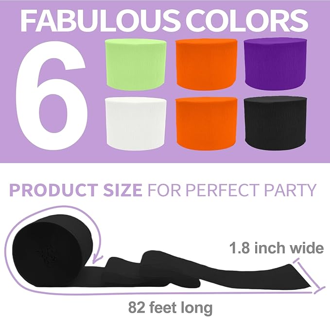 6 Crepe Paper Streamers Rolls, 492ft Black Orange Purple Green and White Streamers Party Supplies for Halloween Theme Horror Party Birthday Wedding Backdrop Decorations (1.8 inch x 82 ft/Roll)