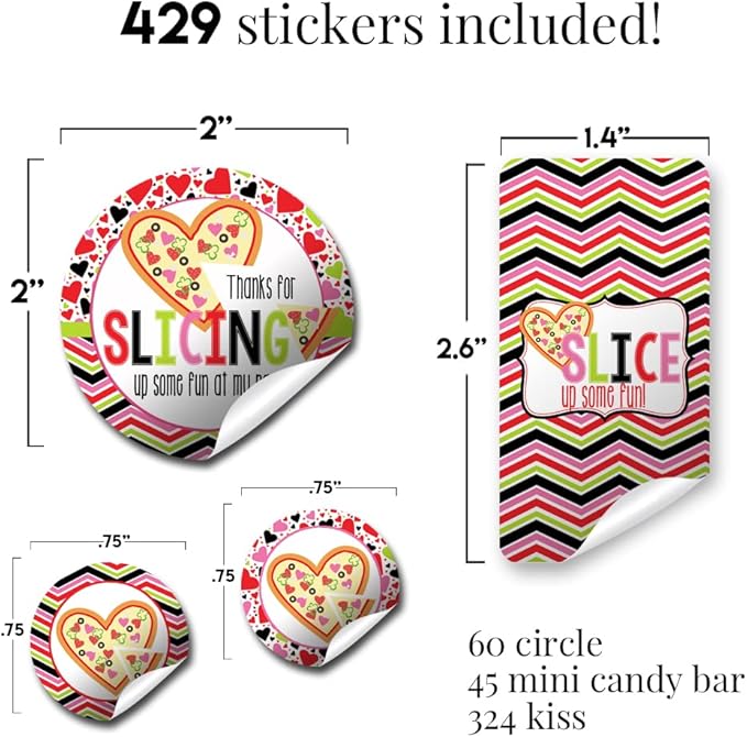 Amanda Creation Cute Heart Shaped Pizza Valentine's Day Birthday Party Sticker Bundle Kit 429 pieces! Includes 2" Circle Stickers for Favors, Mini Candy Bar Wrappers & Round Candy Kiss Stickers