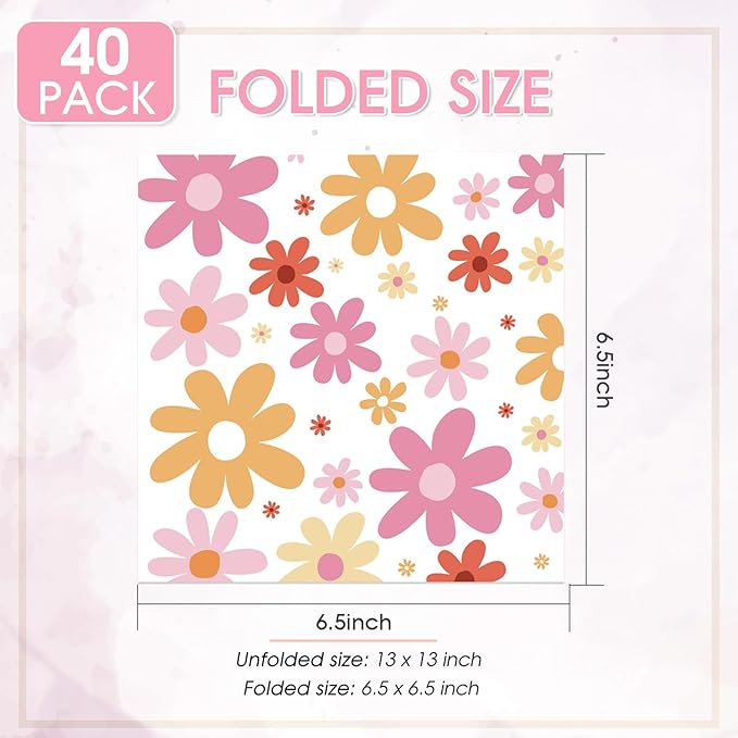 40Pcs Daisy Disposable Napkins Decorative, Paper Napkins Decorations for Baby Shower Birthday Cocktail Groovy Boho Theme Party 6.5x6.5 Inch