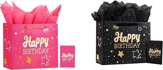 Powbrace 13" Pink + Black Happy Birthday Gift Bag with Tissue Paper and Greeting Card for Party,Happy Birthday Gift Bag for Men Women, Gift Bags Medium size(2 PCS Pink & Black)