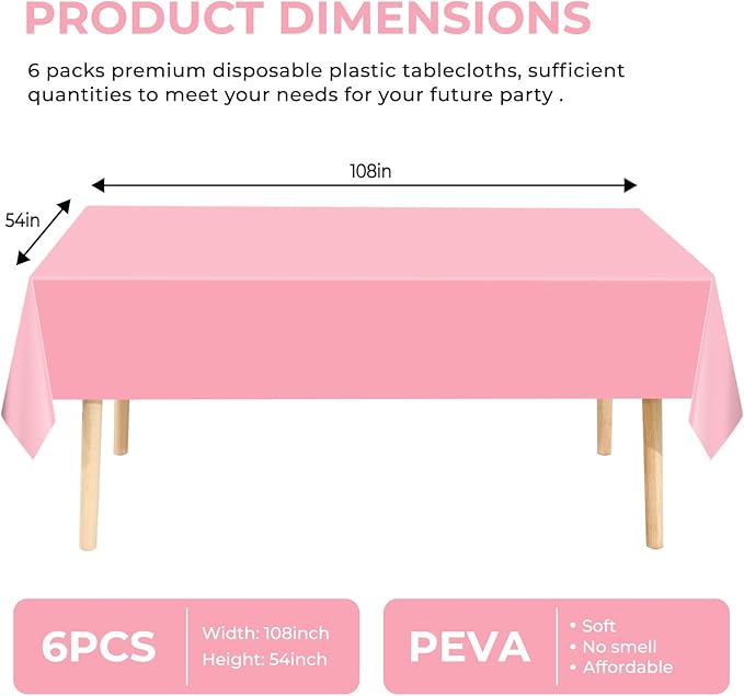 6 Pack Premium Disposable Plastic Tablecloth 54" x 108" Party Table Cloths Disposable for 6 to 8 Foot Tables Indoor or Outdoor Parties Birthdays Weddings Christmas Anniversary Buffet Table (Pink)