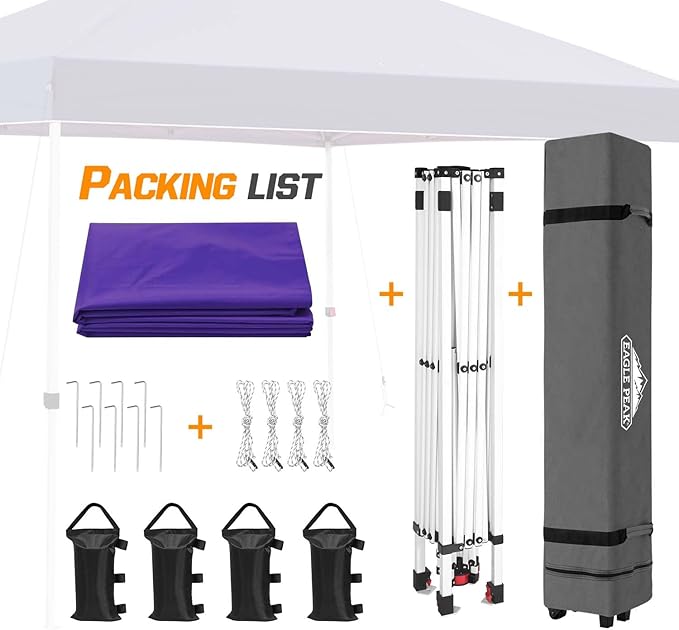 EAGLE PEAK Pop Up Canopy Tent with Wheeled Carry Bag, 8 Stakes, 4 Ropes, 4 Weight Bags, Easy Set Up Tent Canopy, 10x10 ft, 100sqft of Shade, Purple