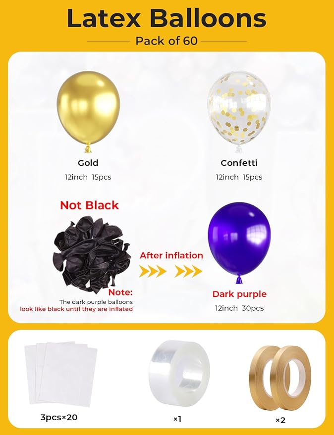 Purple and Gold Balloons,12 In 60 Pcs Dark Purple Balloon Metallic Gold Balloons and Confetti Balloon, for Mothers Day Decor, Class of 2025 Graduation Decor, Baby Shower, Birthday, Wedding Supplies