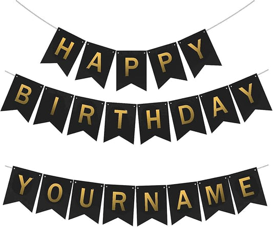 Custom Birthday Banner With Name, Make Your Own Happy Birthday Bunting for Bday Party, Black Sign With 26 A-Z Letter Banners 2 Set
