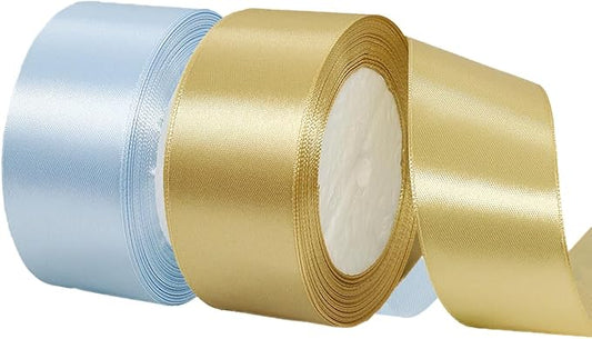 2 Rolls Light Blue Ribbon, 1-1/2 Inch x 50 Yards Satin Gold Fabric Ribbon for Flower Bouquets, Gift Wrapping, DIY Crafts, Birthday Cakes, Holiday, Wedding Party and Mother’s Day Decorations