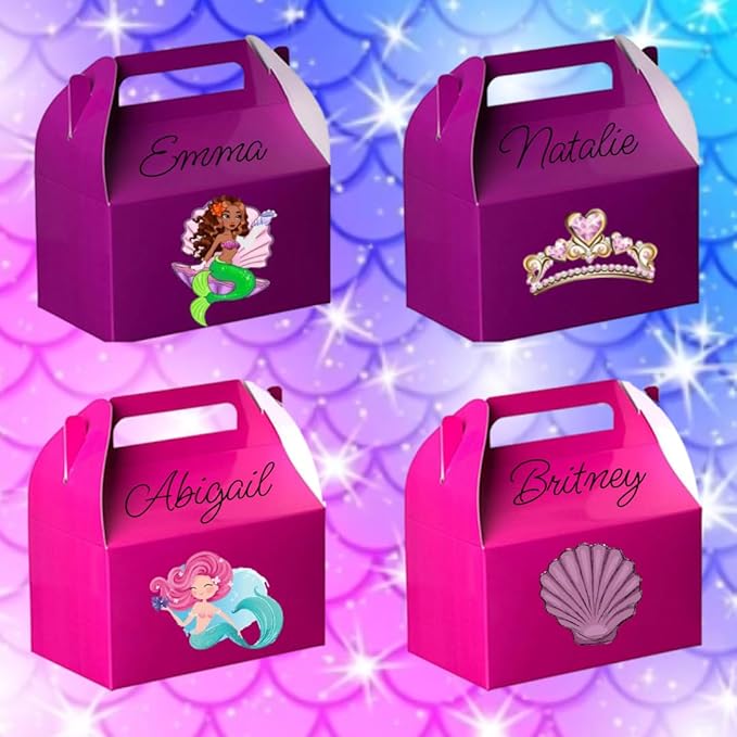 Hammont Candy Boxes Party Favors - 10 Pack Paper Gable Boxes - Ariel Birthday Party Supplies Favor Boxes - Mermaid Birthday Bag & Party Treat Box for Goodies & Gifts –- 6.25" X 3.75" X 3.5" (Pink)