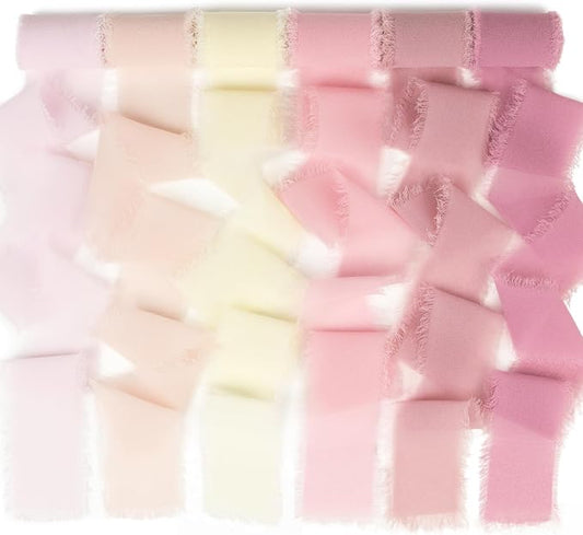 Pink Chiffon Ribbon 1.5 Inch x 3Yds Pastel Pink/Peach/Cream/Blushing Rose/Dusty Rose/Rosy Mauve Handmade Fringe Chiffon Silk Ribbon for Wedding Invitation Flower Bouquets Gift Wrapping Bridal Shower
