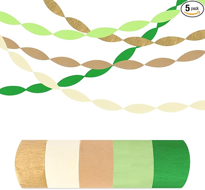 5 Rolls Green & Gold Crepe Paper Streamers, Crepe Paper Craft for Wedding Baby Shower Birthday Bridal Party Engagement Decorations Supplies