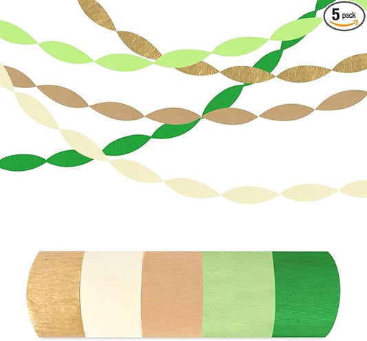 5 Rolls Green & Gold Crepe Paper Streamers, Crepe Paper Craft for Wedding Baby Shower Birthday Bridal Party Engagement Decorations Supplies
