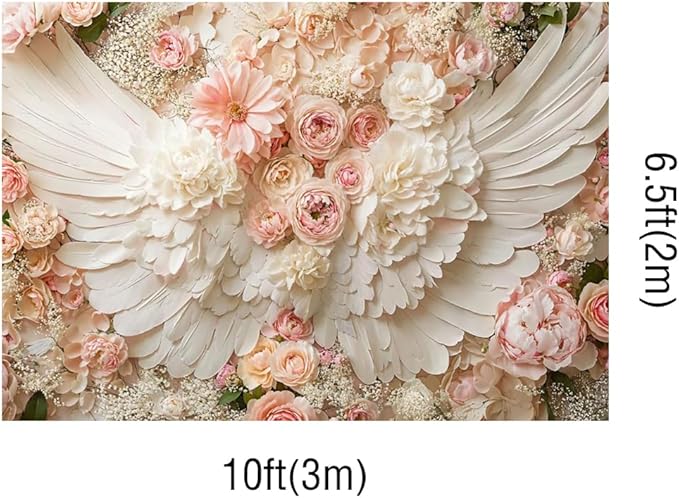 Kate 10x6.5ft Pink Flowers Wall White Angel Wings Princess Photography Backdrops Girl Portrait Background