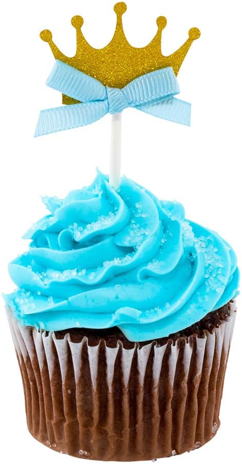 Restaurantware Top Cake 3.7 X 1.6 Inch Cake Toppers 10 Crown Cake Topper Inserts - Sturdy With Glitter Detail Gold And Blue Paper Cake Decoration Birthday Baby Shower Wedding Supplies