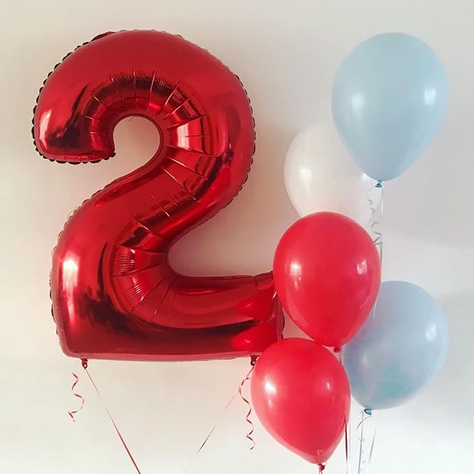 Red 2 Balloons, 40 Inch Giant Helium Foil Number 0-9 for Girls Boys, Self Inflating Digit 2nd Birthday Balloon for Women Men Anniversary Baby Shower New Year Engagement Party Decorations Supplies