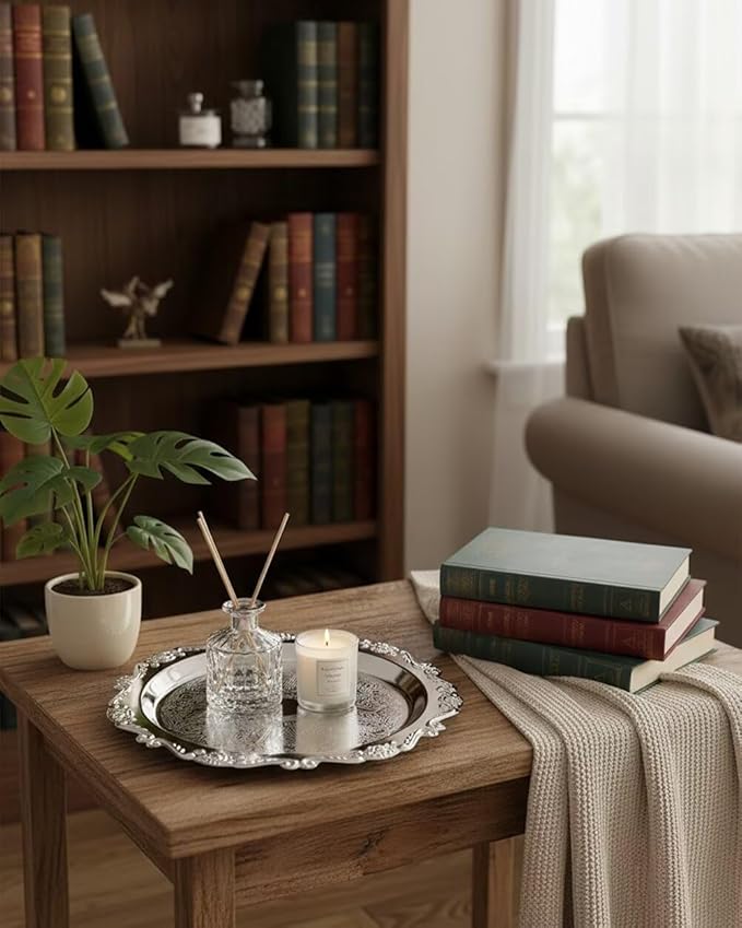 2PCS Coffee Table Tray 11.8in Round Decorative Tray Vintage Metal Dessert Plates for Snacks Fruit Silver